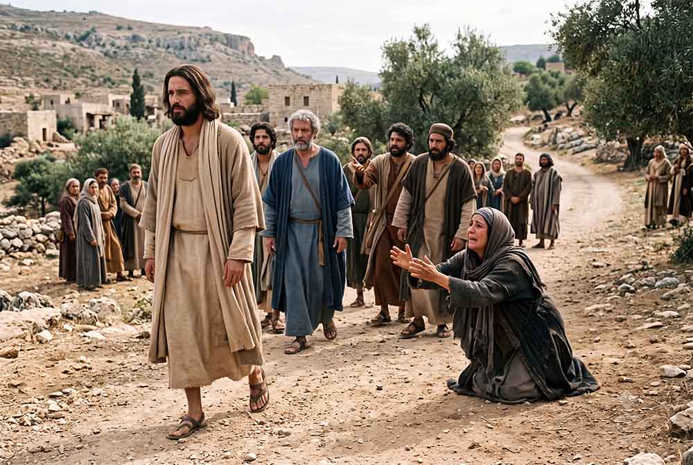 Mujer pidiéndole a Jesús que le cure a su hija poseida, pero Jesús la ignora.