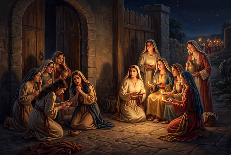 Las diez vÃrgenes, con las jóvenes preparadas y las descuidadas.