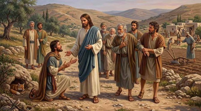 Jesús hablando con el que pide enterrar a su padre, con el que quiere despedirse de su familia, y con el que dice que los seguirá siempre