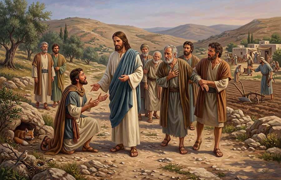 Jesús hablando con el que pide enterrar a su padre, con el que quiere despedirse de su familia, y con el que dice que los seguirá siempre