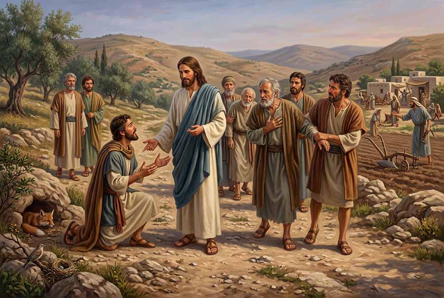 Jesús hablando con el que pide enterrar a su padre, con el que quiere despedirse de su familia, y con el que dice que los seguirá siempre