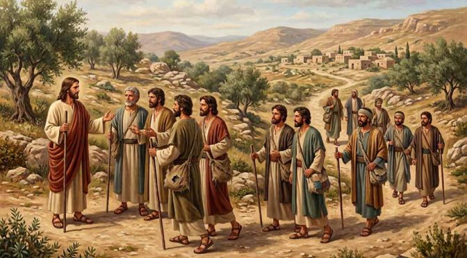Jesús hablando a los apóstoles en parejas con un bolso