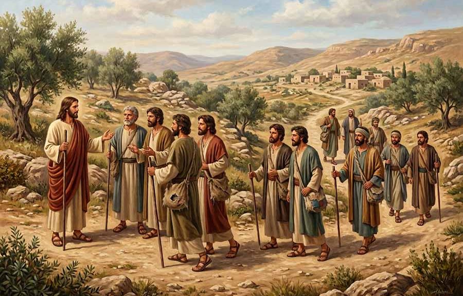 Jesús hablando a los apóstoles en parejas con un bolso