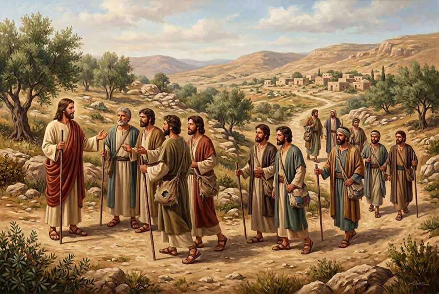 Jesús hablando a los apóstoles en parejas con un bolso