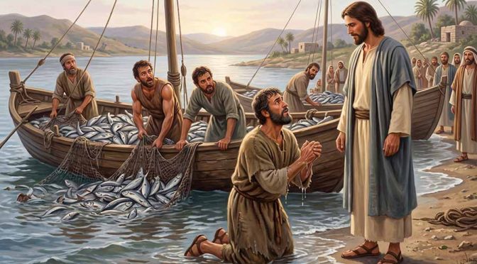 Pescadores asombrados por la gran pesca y Pedro arrodillándose ante Jesús.