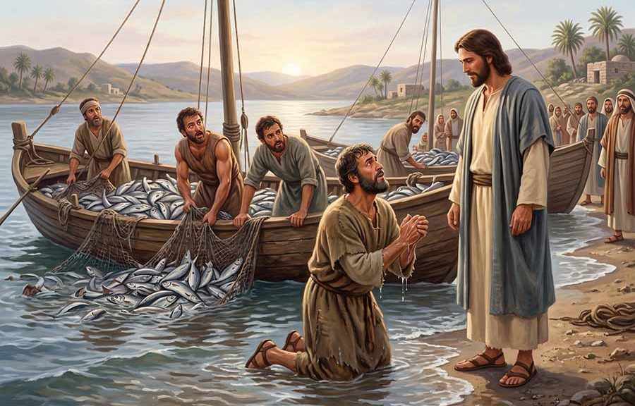 Pescadores asombrados por la gran pesca y Pedro arrodillándose ante Jesús.
