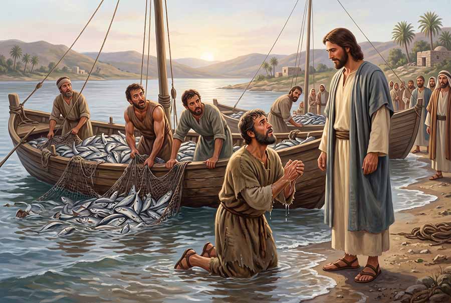 Pescadores asombrados por la gran pesca y Pedro arrodillándose ante Jesús.