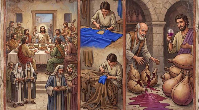 Tres cuadros representando la parábola de lo nuevo y lo viejo: Jesús hablando a los corintios; el parche de tela nueva; el vino nuevo en ordes viejas.