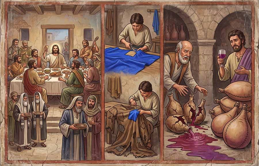 Tres cuadros representando la parábola de lo nuevo y lo viejo: Jesús hablando a los corintios; el parche de tela nueva; el vino nuevo en ordes viejas.