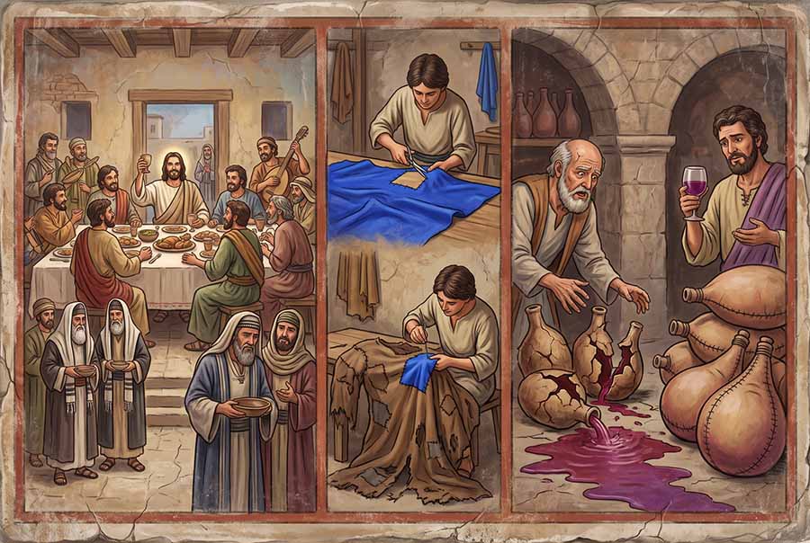 Tres cuadros representando la parábola de lo nuevo y lo viejo: Jesús hablando a los corintios; el parche de tela nueva; el vino nuevo en ordes viejas.