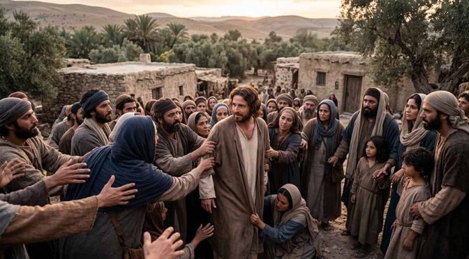 Gente no deja ir a Jesús después de curar a la suegra de Pedro en Judea.