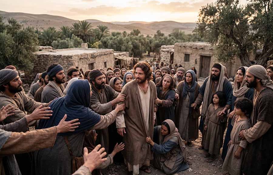 Gente no deja ir a Jesús después de curar a la suegra de Pedro en Judea.