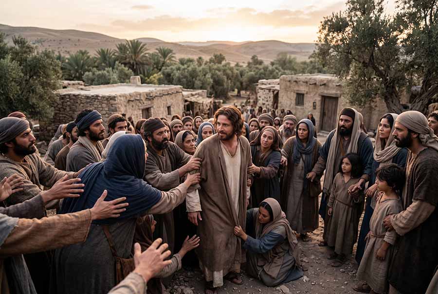 Gente no deja ir a Jesús después de curar a la suegra de Pedro en Judea.