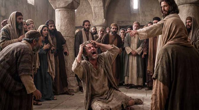 Jesús exorcismo expulsando al espíritu inmundo en Cafarnaúm.