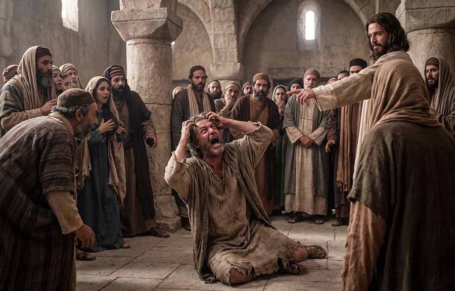 Jesús exorcismo expulsando al espíritu inmundo en Cafarnaúm.