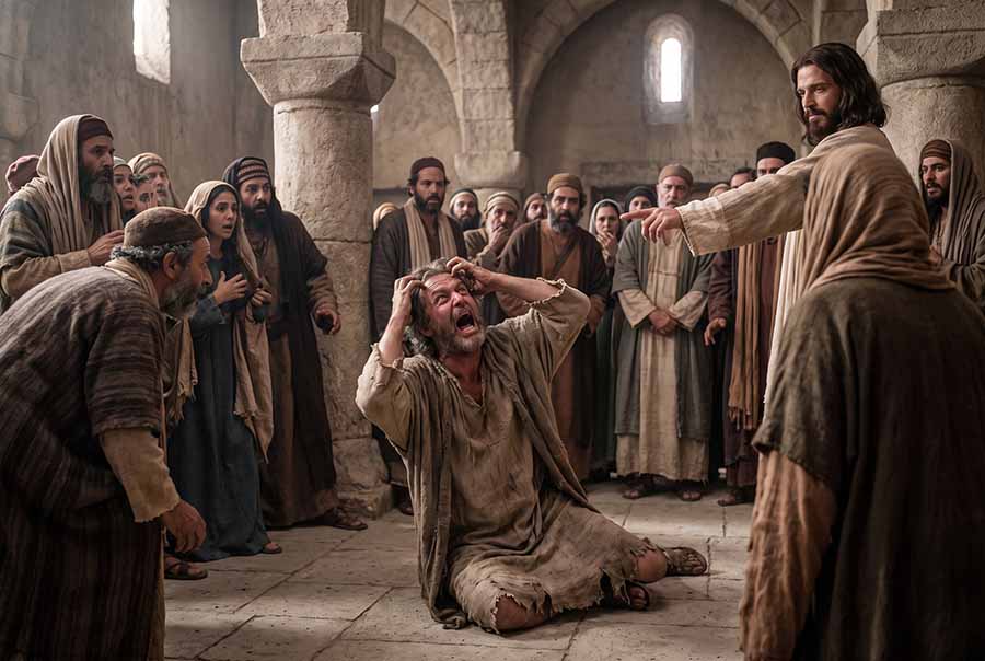 Jesús exorcismo expulsando al espíritu inmundo en Cafarnaúm.