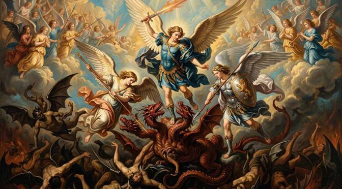 San Miguel Arcángel, San Gabriel Arcángel, San Rafael Arcángel peleando contra el dragón