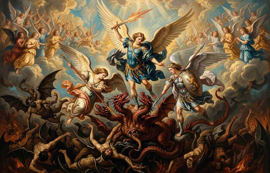 San Miguel Arcángel, San Gabriel Arcángel, San Rafael Arcángel peleando contra el dragón