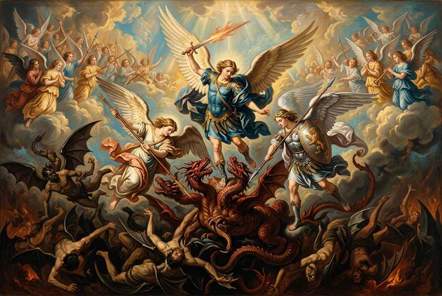 San Miguel Arcángel, San Gabriel Arcángel, San Rafael Arcángel peleando contra el dragón