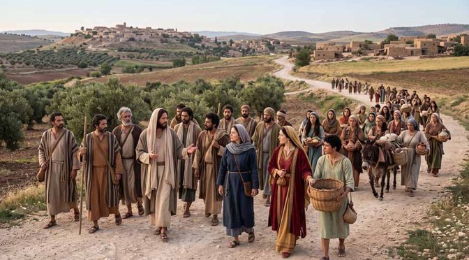 Jesús caminando con sus seguidores y le acompañan mujeres, María Magdalena, Susana, y otras.
