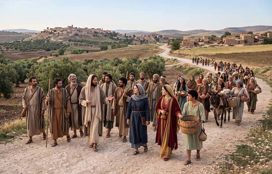 Jesús caminando con sus seguidores y le acompañan mujeres, María Magdalena, Susana, y otras.