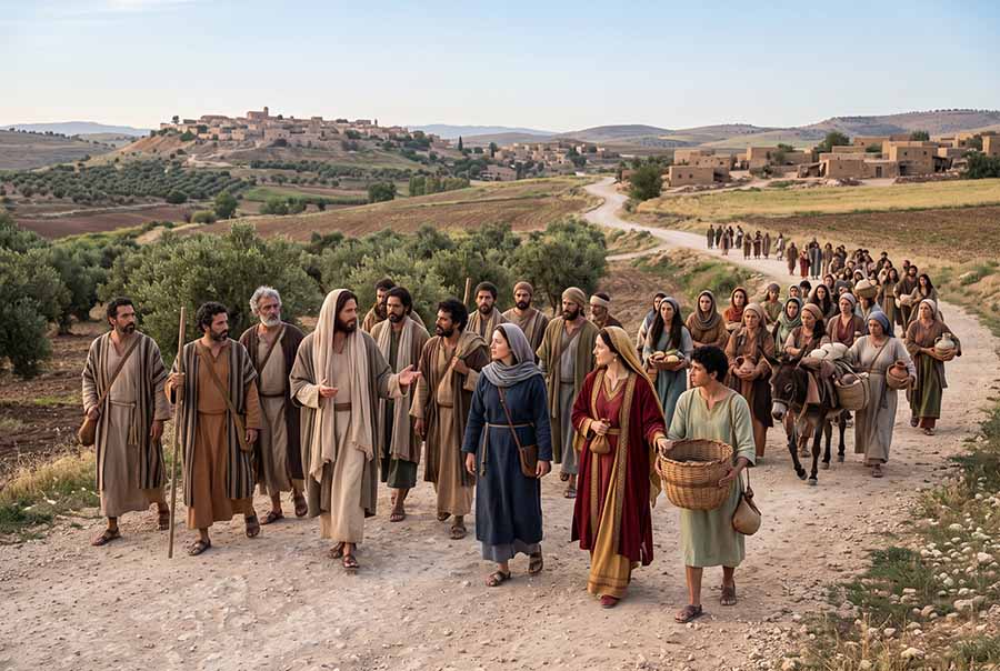 Jesús caminando con sus seguidores y le acompañan mujeres, María Magdalena, Susana, y otras.
