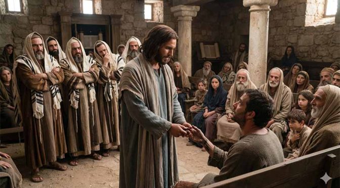 Jesús sanando al hombre de la mano mala en la sinagoga frente a los fariseos.