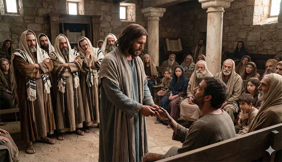 Jesús sanando al hombre de la mano mala en la sinagoga frente a los fariseos.