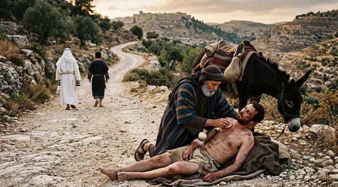 El buen samaritano cuidando al hombre herido, mientras el fariseo y el levita pasan de largo.