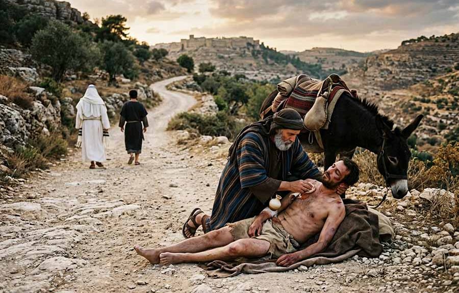 El buen samaritano cuidando al hombre herido, mientras el fariseo y el levita pasan de largo.