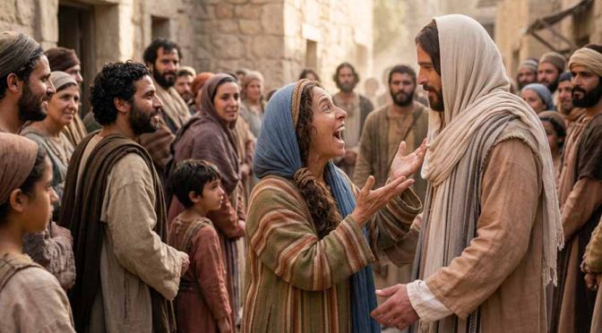 Mujer excitada y alegre dirigiéndose a Jesús