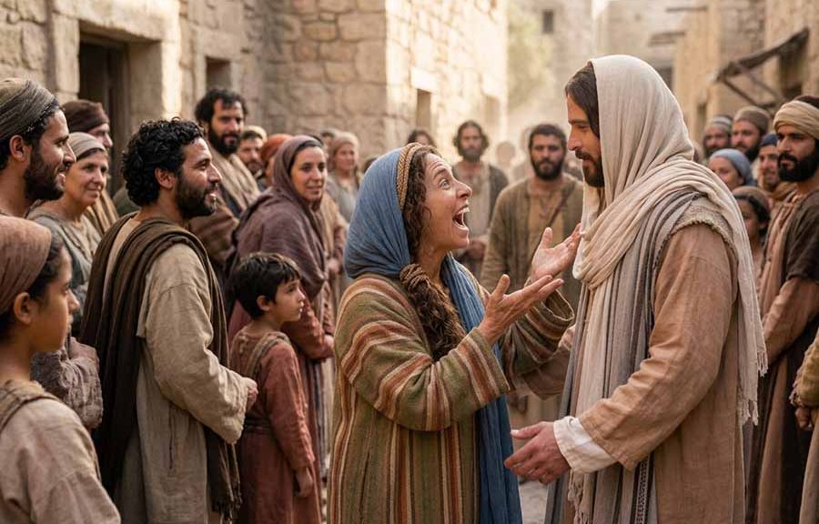 Mujer excitada y alegre dirigiéndose a Jesús