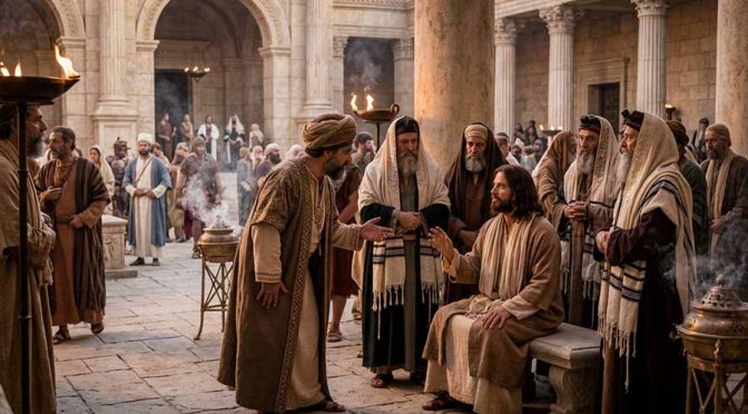 Un doctor de la Ley de los fariseos se acerca a Jesús para hacerle una pregunta en el templo.