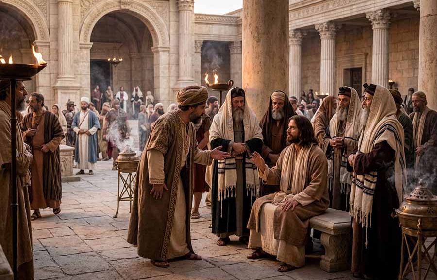 Un doctor de la Ley de los fariseos se acerca a Jesús para hacerle una pregunta en el templo.