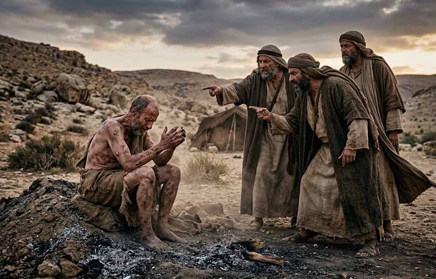 Job sufriendo la enfermedad y siendo acusado por sus amigos.