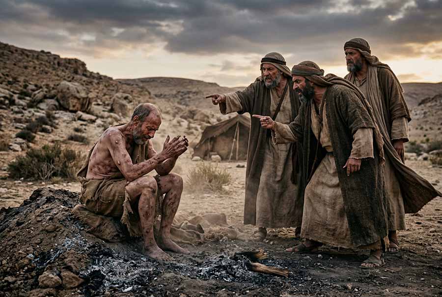 Job sufriendo la enfermedad y siendo acusado por sus amigos.