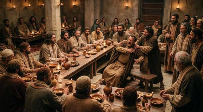 Jesús parábola del banquete. Cena donde el mueven al hombre del lugar de honor y lo mandan al último lugar.
