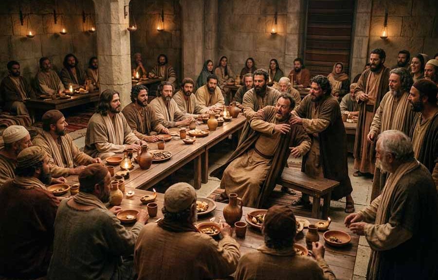 Jesús parábola del banquete. Cena donde el mueven al hombre del lugar de honor y lo mandan al último lugar.
