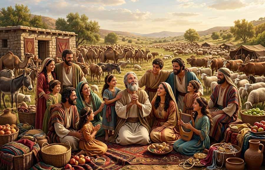 Job ya viejo, agradeciendo a Dios por su nueva familia y sus nuevas prosperidad.